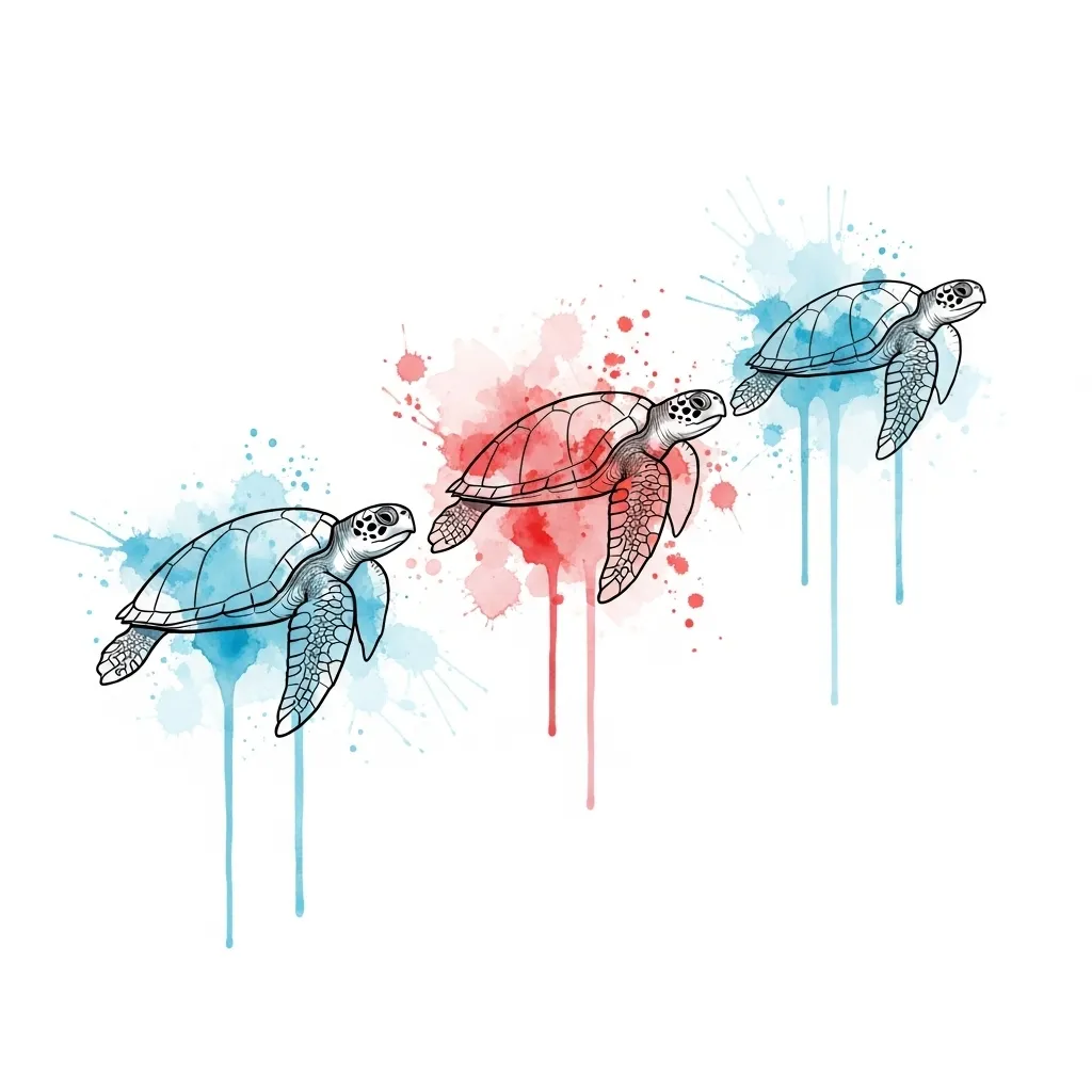 Watercolor Sea Turtle Tattoo: Three Turtles Swimming Design Watercolor Sea Turtle Tattoo: Three Turtles Swimming Design