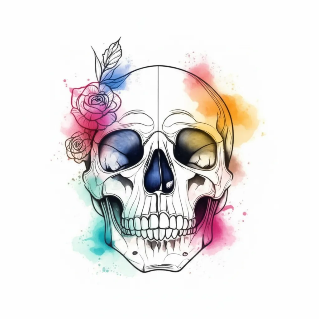 Watercolor Skull and Roses Tattoo Design