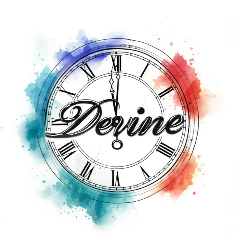 Watercolor Clock Tattoo with 'Devine' Text - Unique Timepiece Design