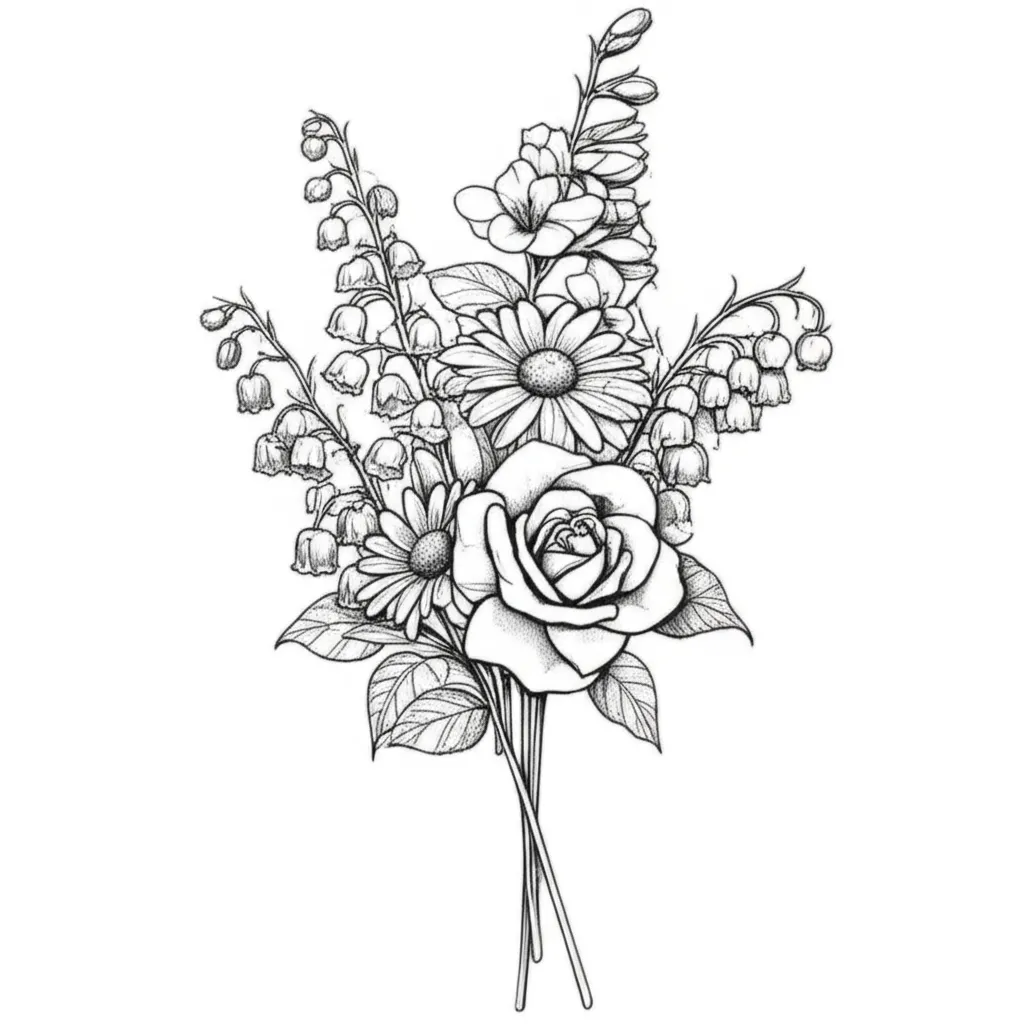 Fine Line Flower Bouquet Tattoo: Violet, Daisy, Lily, Rose & Gladiolus Fine Line Flower Bouquet Tattoo: Violet, Daisy, Lily, Rose & Gladiolus