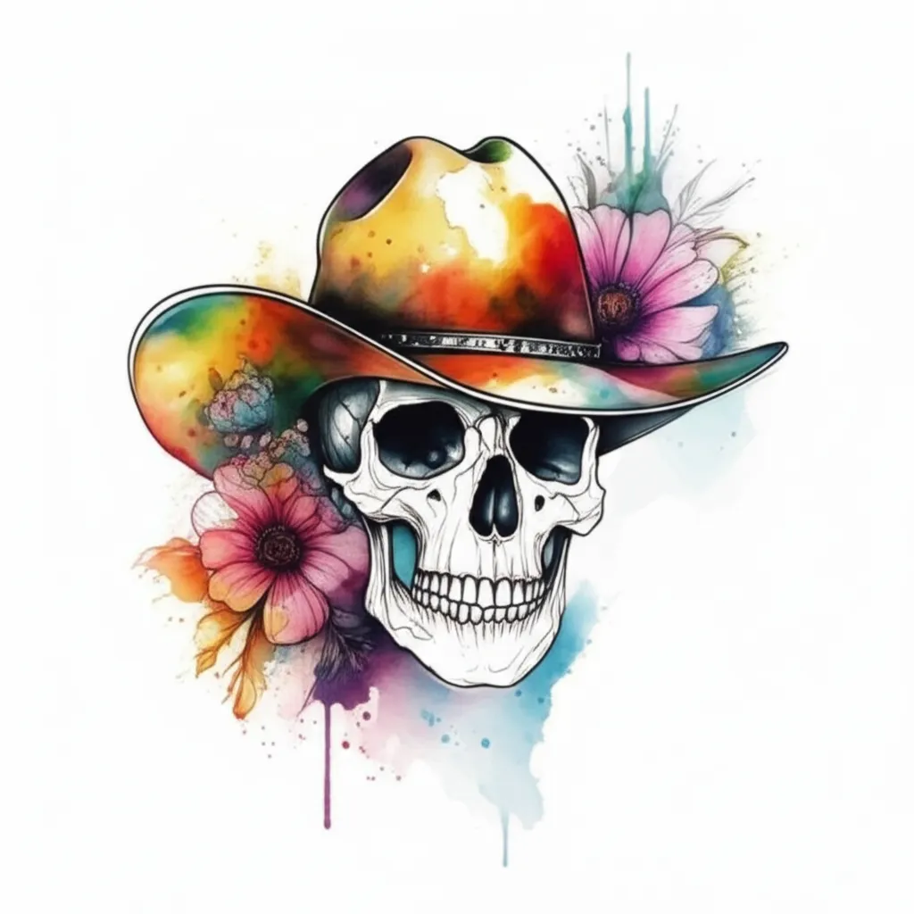 Watercolor Skull Cowboy Hat Tattoo with Flowers - Unique Design Watercolor Skull Cowboy Hat Tattoo with Flowers - Unique Design