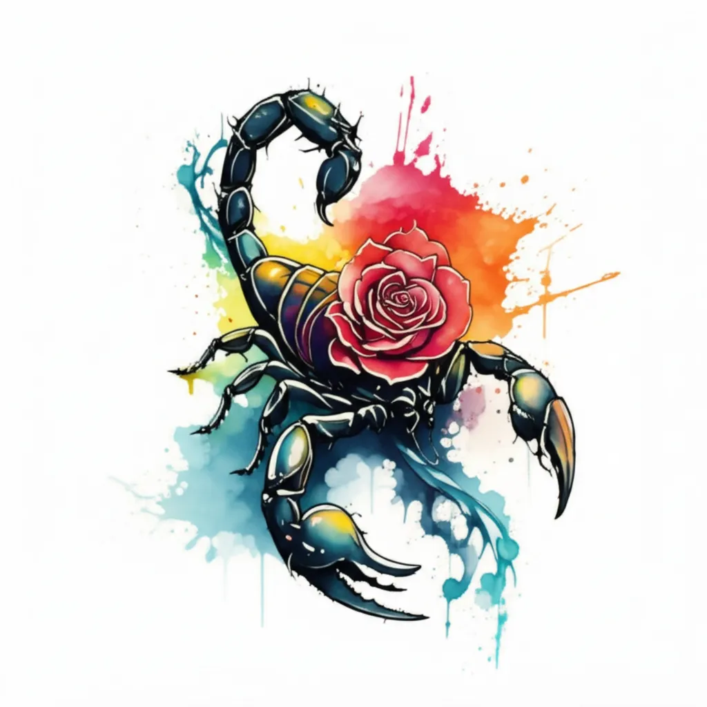 Watercolor Scorpion and Rose Half Sleeve Tattoo Design