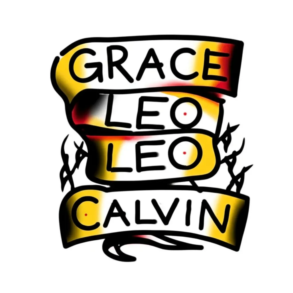 American Traditional Name Tattoo: Grace, Leo, Calvin
