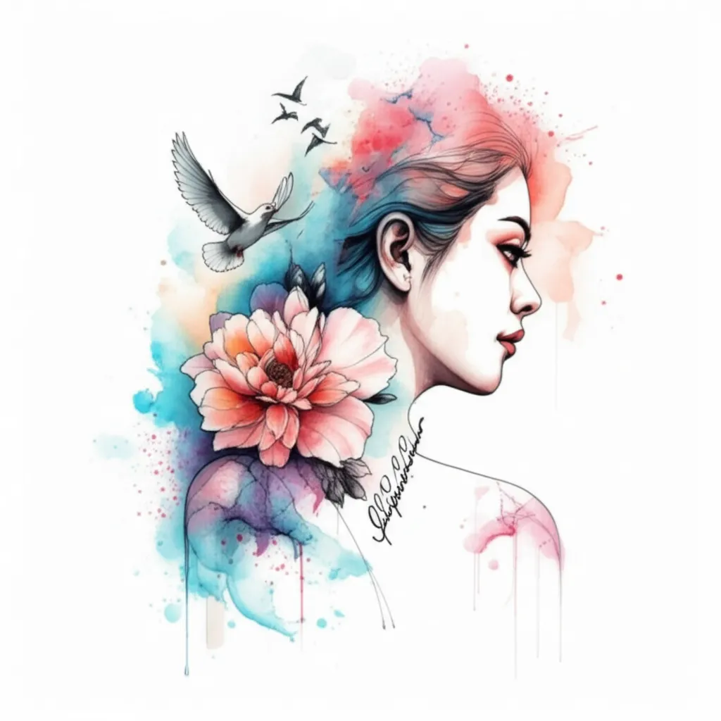 Watercolor Dove and Floral Tattoo with Japanese Name - Lenasia