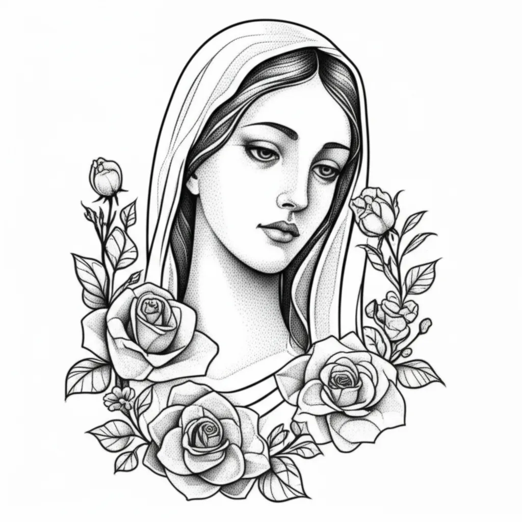 Fine Line Virgin Mary with Roses Tattoo Design