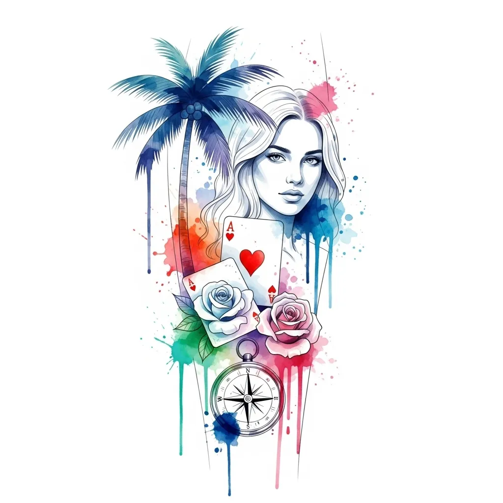 Watercolor Forearm Tattoo: Palm Tree, Compass, Rose & Ace of Hearts