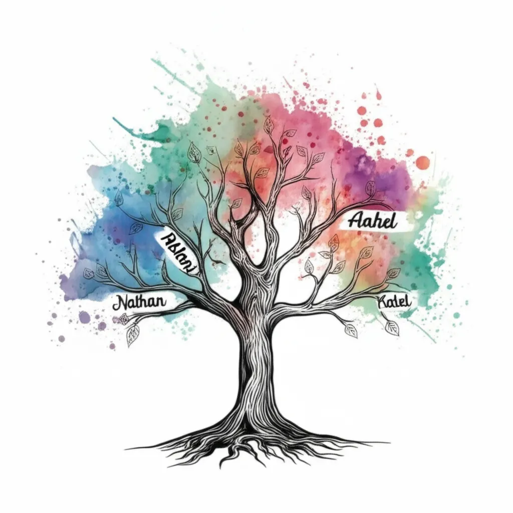 Watercolor Family Tree Tattoo with Kids Names: Nathan, Alahni, Kalel, Adriel