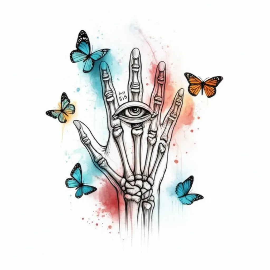 Watercolor Eye and Skeleton Hand Tattoo with Butterflies Watercolor Eye and Skeleton Hand Tattoo with Butterflies