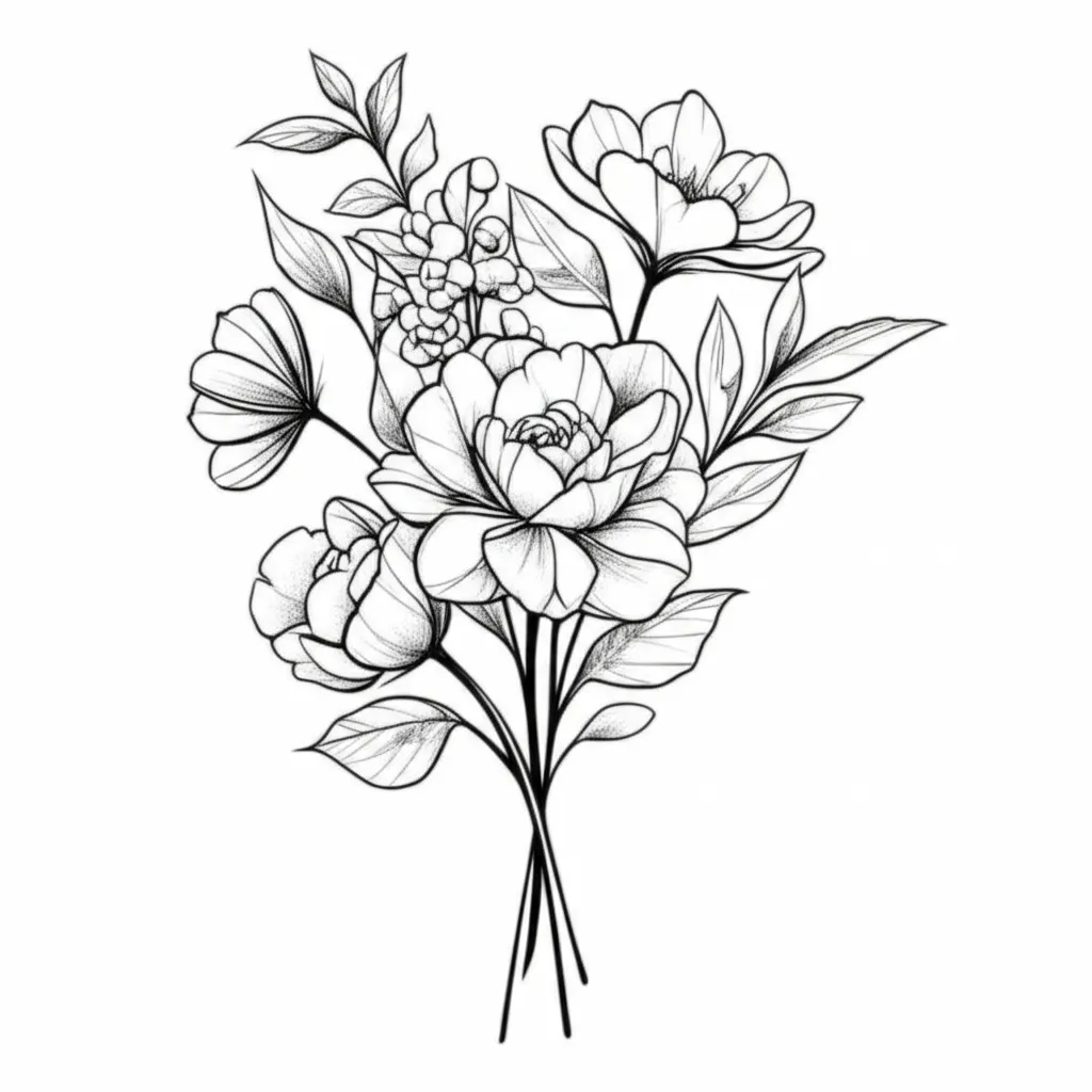 Birth Month Flower Bouquet Tattoo: September, August, February Fine Line Birth Month Flower Bouquet Tattoo: September, August, February Fine Line