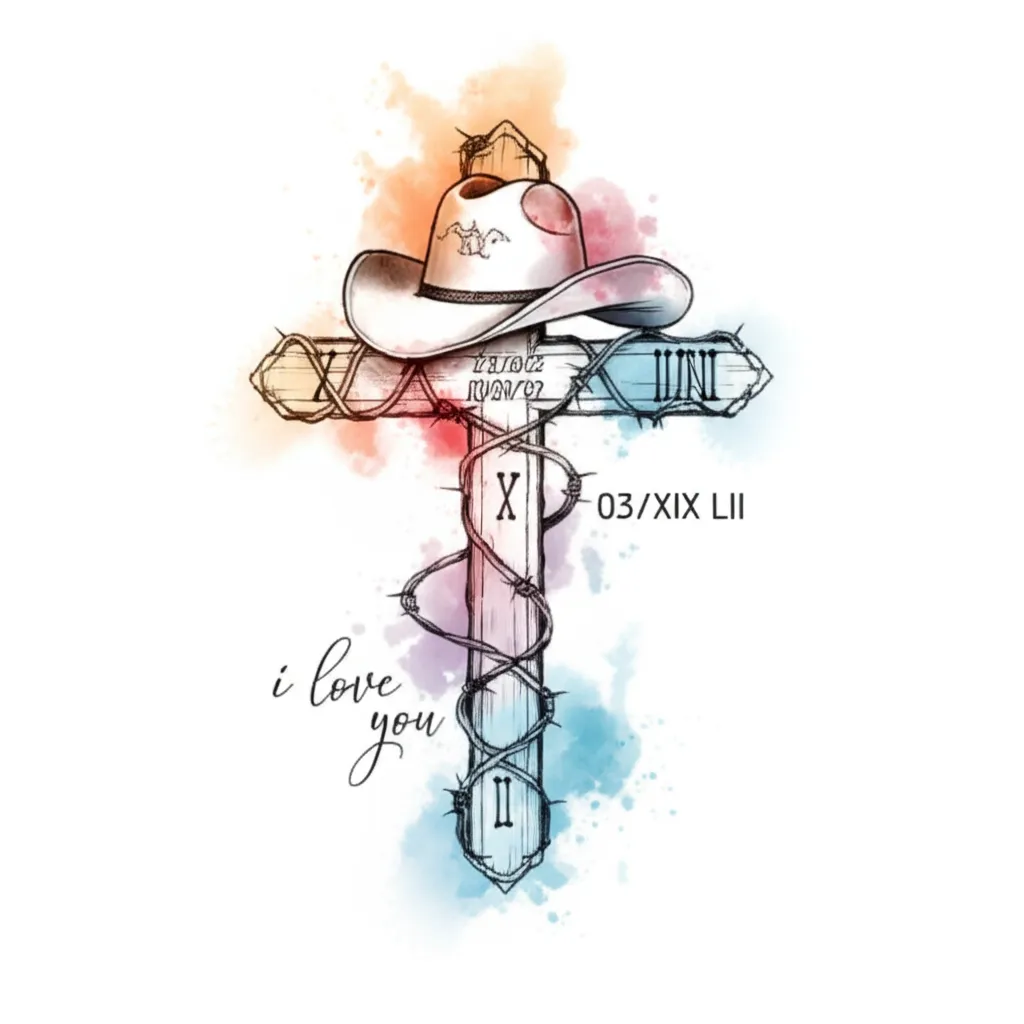 Watercolor Cross Cowboy Hat Tattoo with Barb Wire and Roman Numeral Date Watercolor Cross Cowboy Hat Tattoo with Barb Wire and Roman Numeral Date