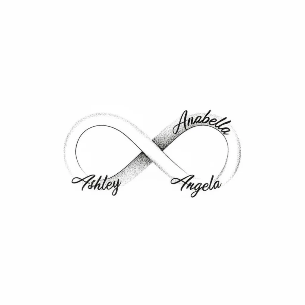 Infinity Tattoo with Names: Ashley, Anabella, Angela - Fine Line Design Infinity Tattoo with Names: Ashley, Anabella, Angela - Fine Line Design