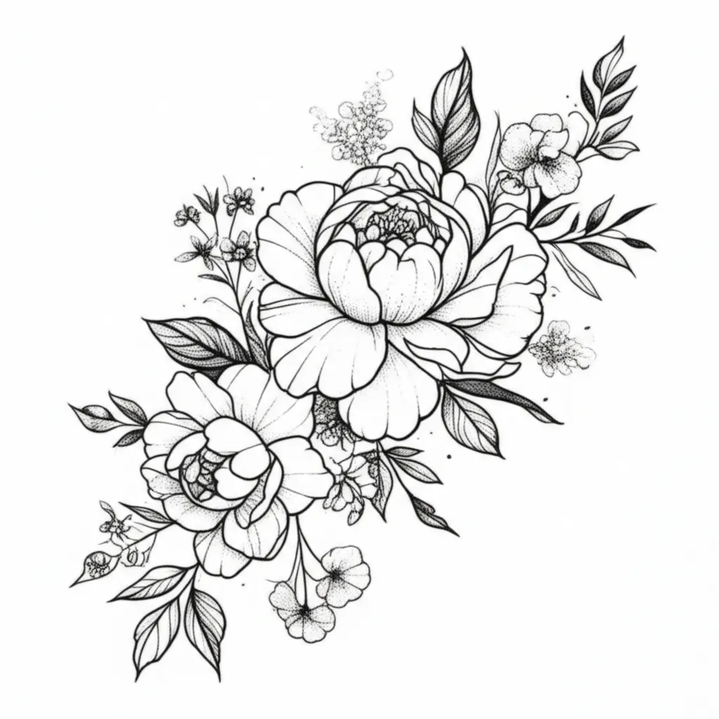 Fine Line Peonies and Flowers Arm Tattoo Design Fine Line Peonies and Flowers Arm Tattoo Design