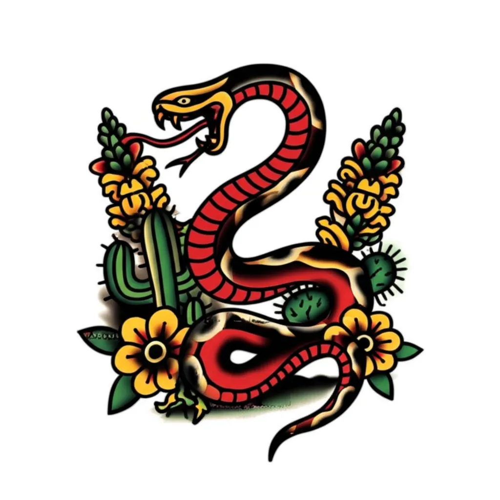 Traditional Snake Tattoo with Snapdragon Flowers and Cactus Traditional Snake Tattoo with Snapdragon Flowers and Cactus