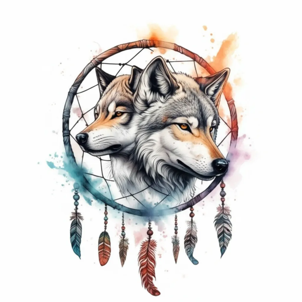 Watercolor Two Wolves Dream Catcher Tattoo Design