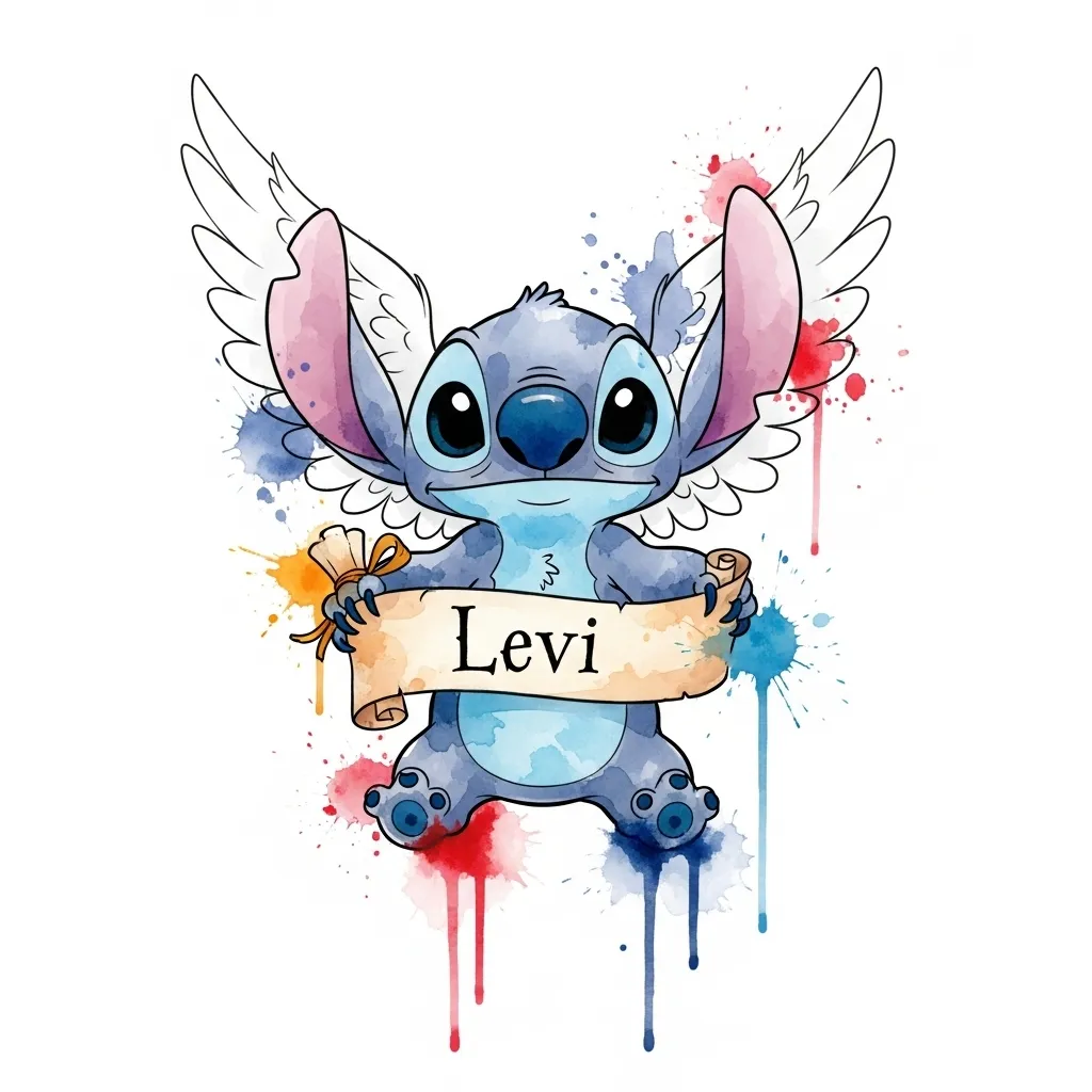 Stitch Angel Wings Watercolor Tattoo with Levi Name