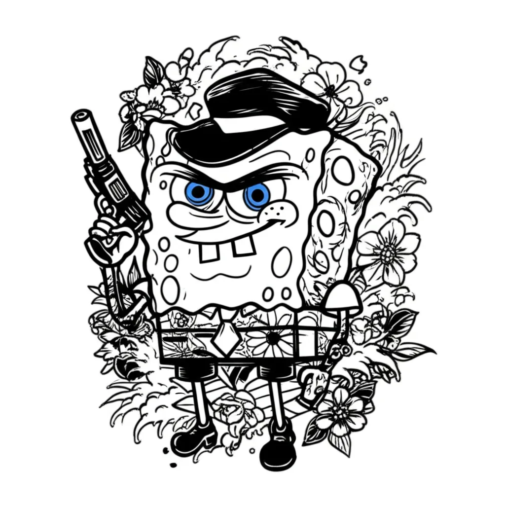 Gangster Spongebob Tattoo: Black and White Simple Drawing Gangster Spongebob Tattoo: Black and White Simple Drawing