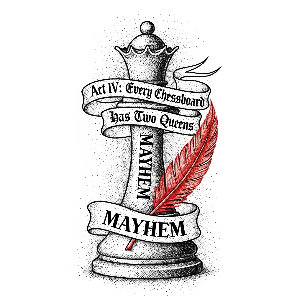 Queen Chess Piece with Mayhem and Red Feather Tattoo Design