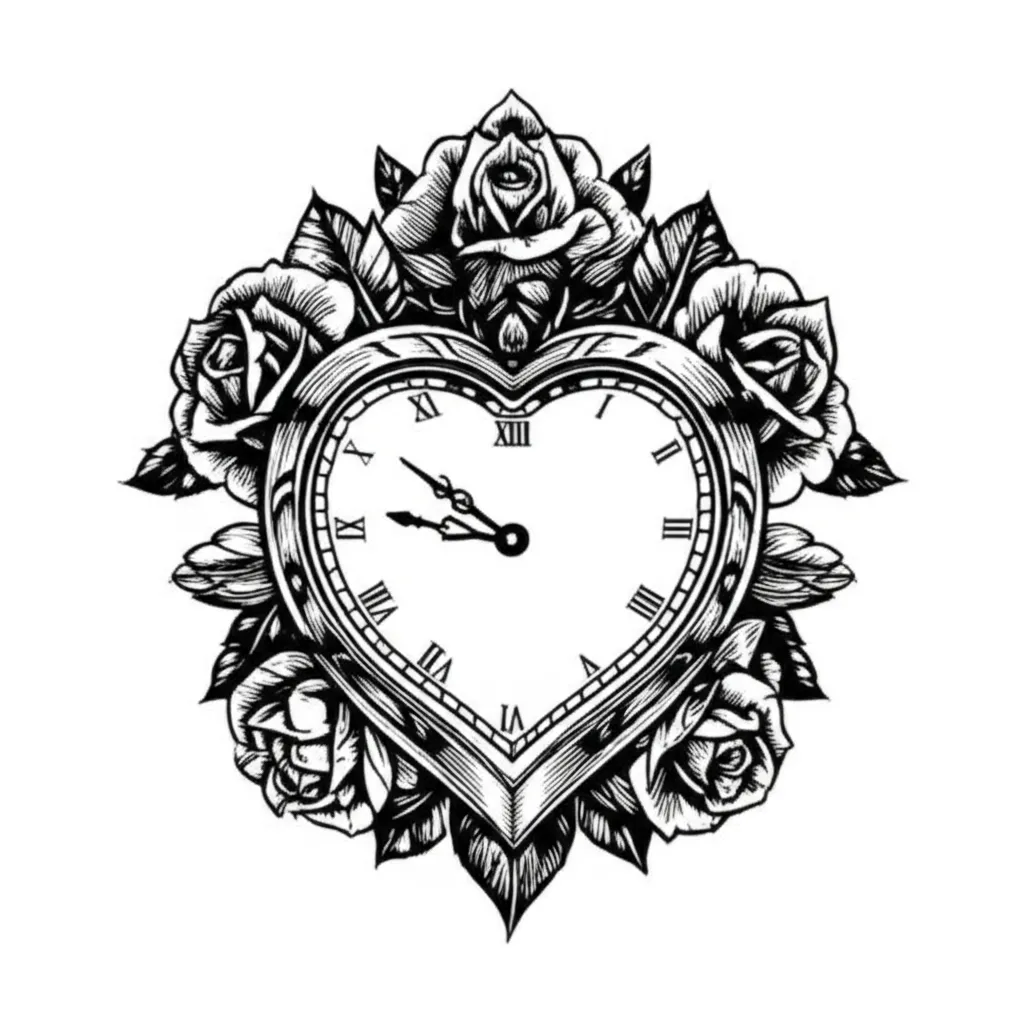 Blackwork Heart Clock with Roses Tattoo Design