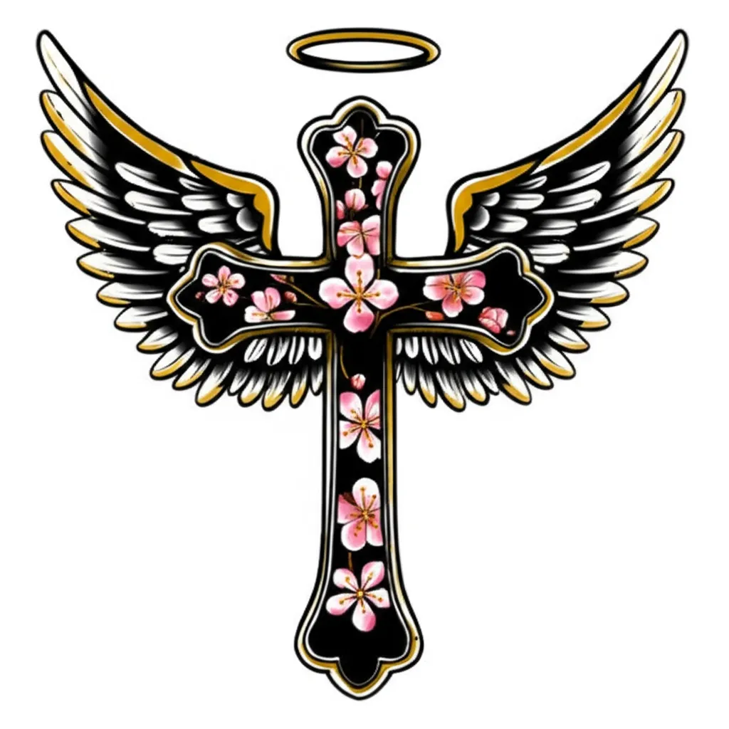 Neo-Traditional Cross Tattoo with Cherry Blossoms and Angel Wings Neo-Traditional Cross Tattoo with Cherry Blossoms and Angel Wings