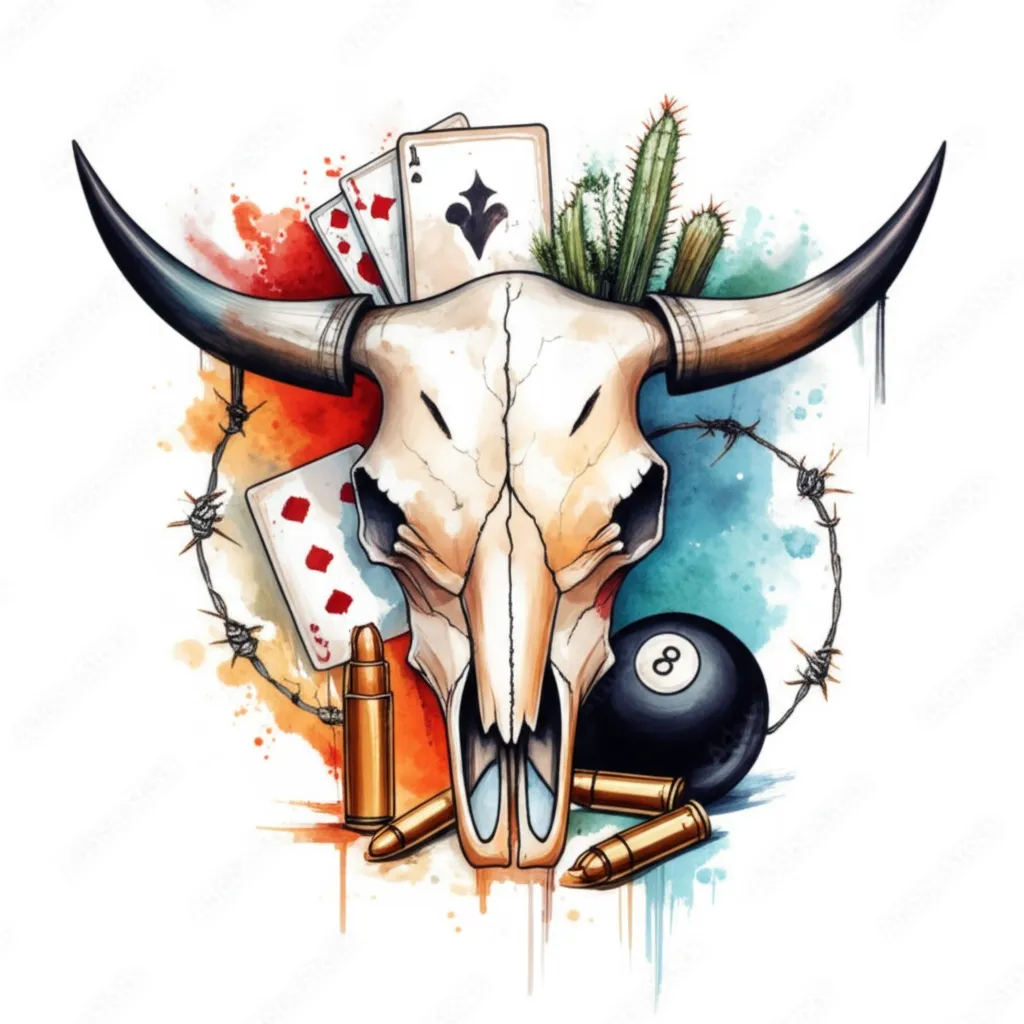 Watercolor Western Sleeve Tattoo with Longhorn Skull and 8-Ball