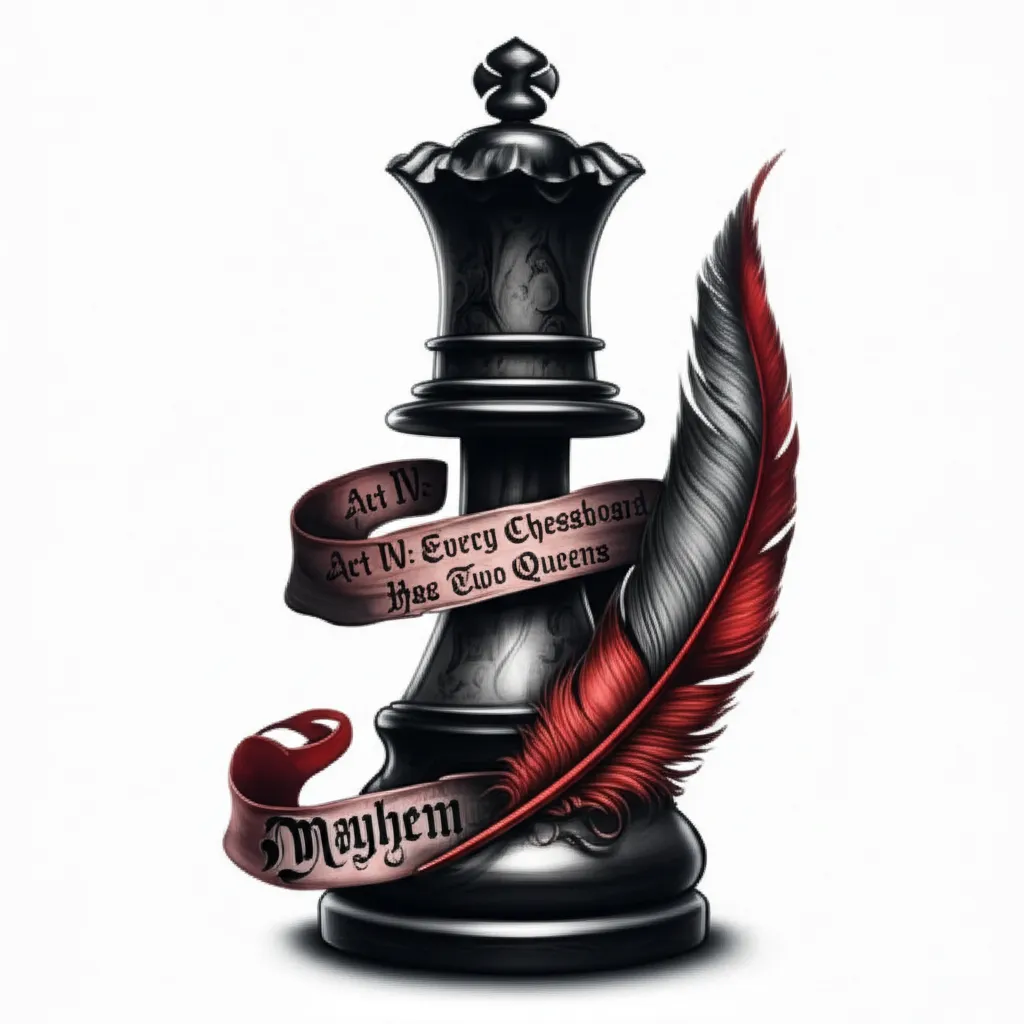 Queen Chess Piece with Feather and Gothic Text Tattoo Design