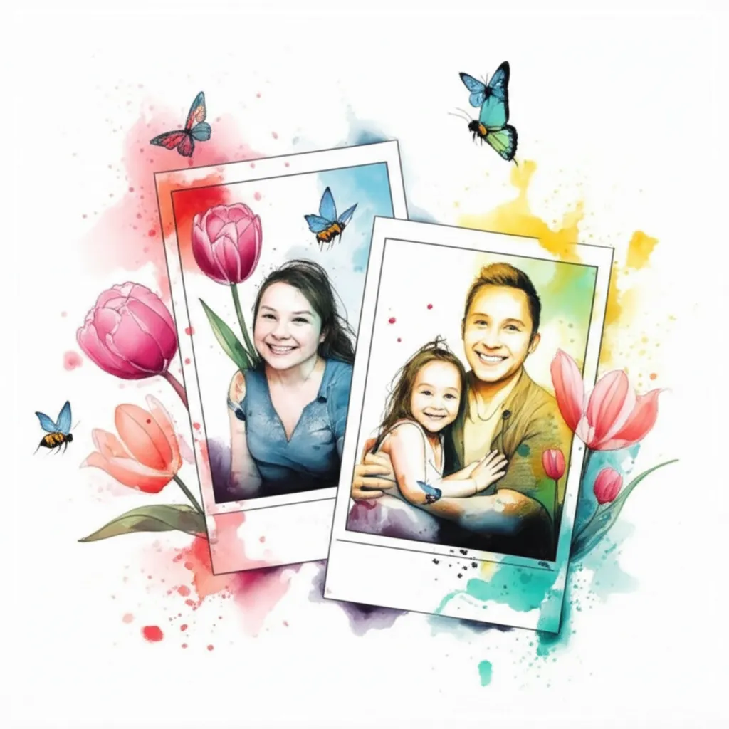 Watercolor Polaroid Family Tattoo with Tulips, Bees, and Butterflies Watercolor Polaroid Family Tattoo with Tulips, Bees, and Butterflies