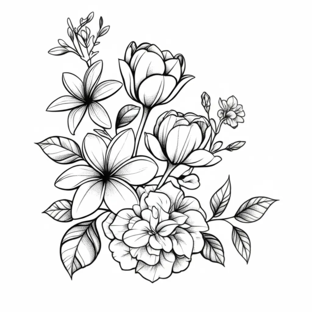 Fine Line Flower Tattoo Design: Mums, Tulips, Plumerias, Hibiscuses, Carnations