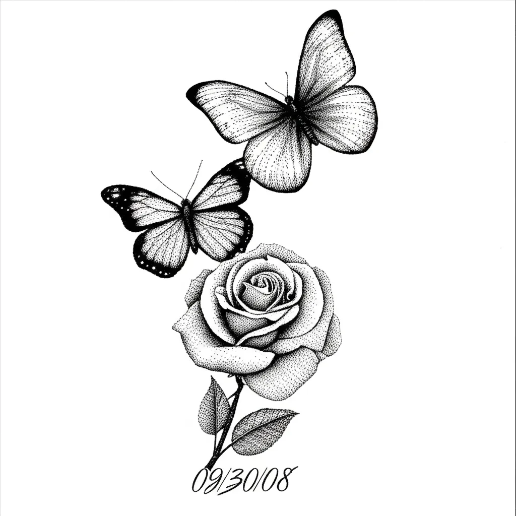 Dotwork Butterfly and Rose Foot Tattoo with Date - Meaning & Ideas