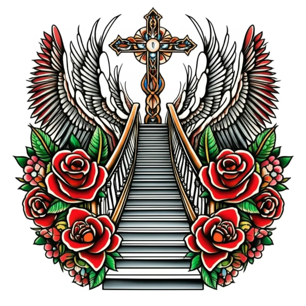 Neo-Traditional Stairway to Heaven with Cross Tattoo Design