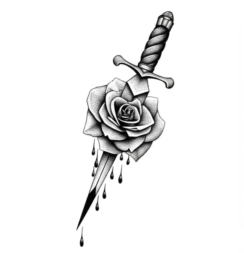 Dotwork Rose and Dagger Tattoo Design Dotwork Rose and Dagger Tattoo Design
