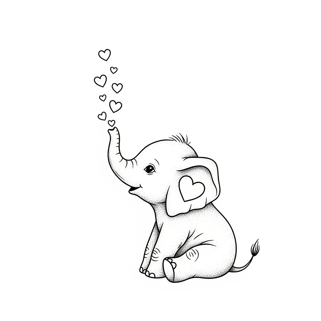 Fine Line Baby Elephant Tattoo with Hearts Fine Line Baby Elephant Tattoo with Hearts