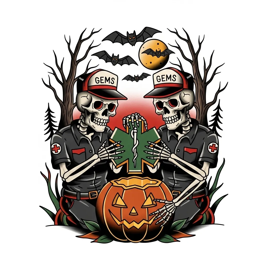 American Traditional Halloween Paramedic Skeleton Tattoo