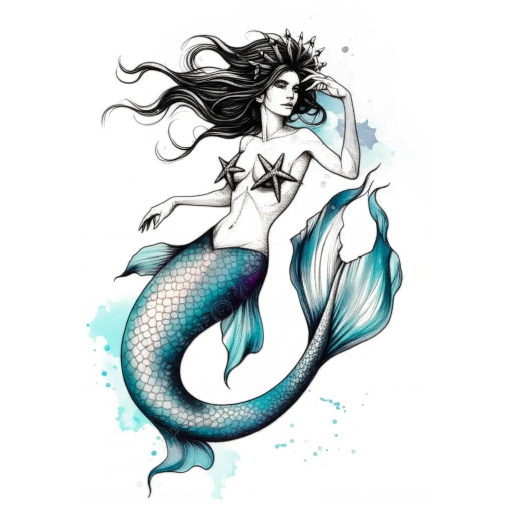 Mermaid Blackwork Tattoo Design with Stippling and Watercolor Accents