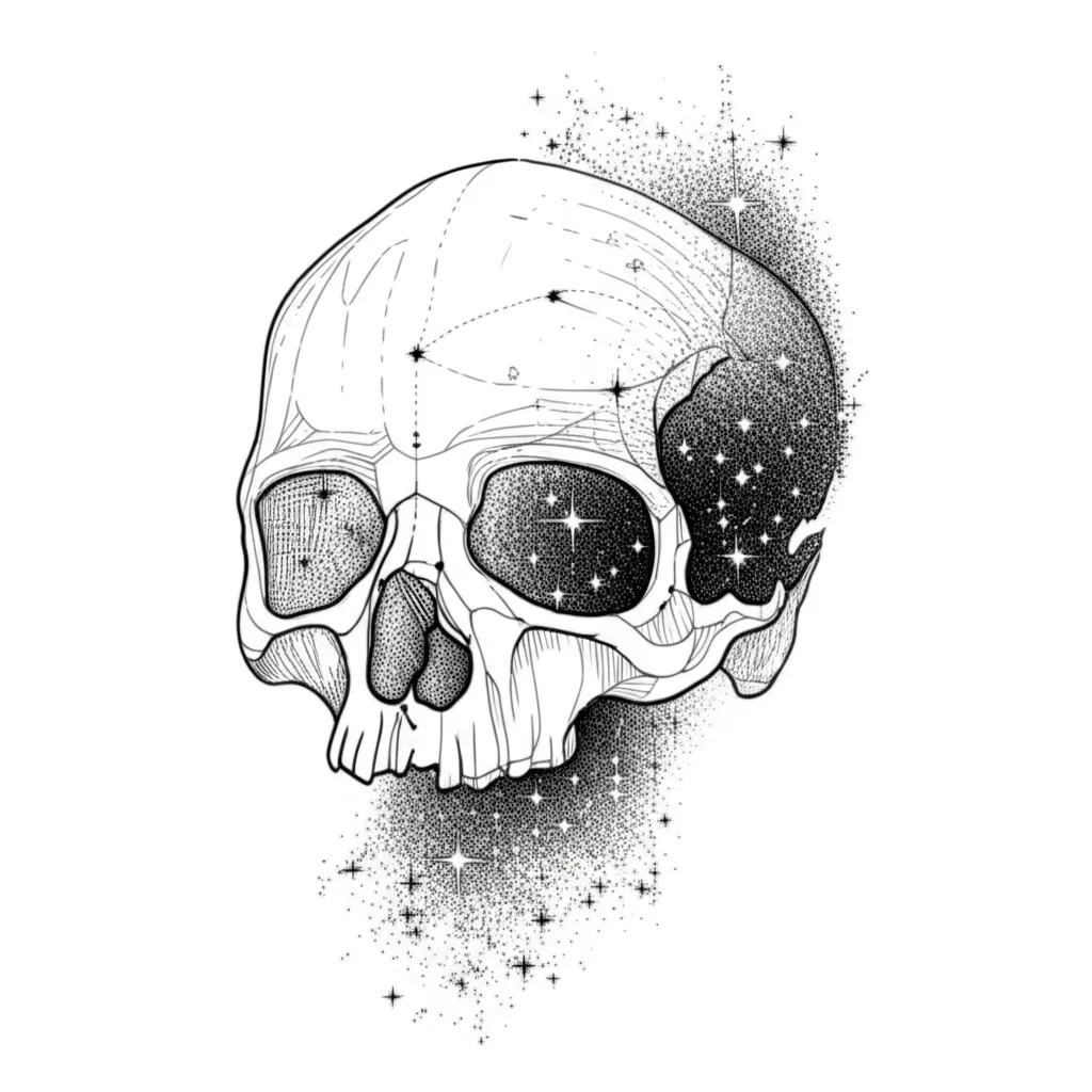 Melting Skull with Stars and Spiderweb Fine Line Tattoo