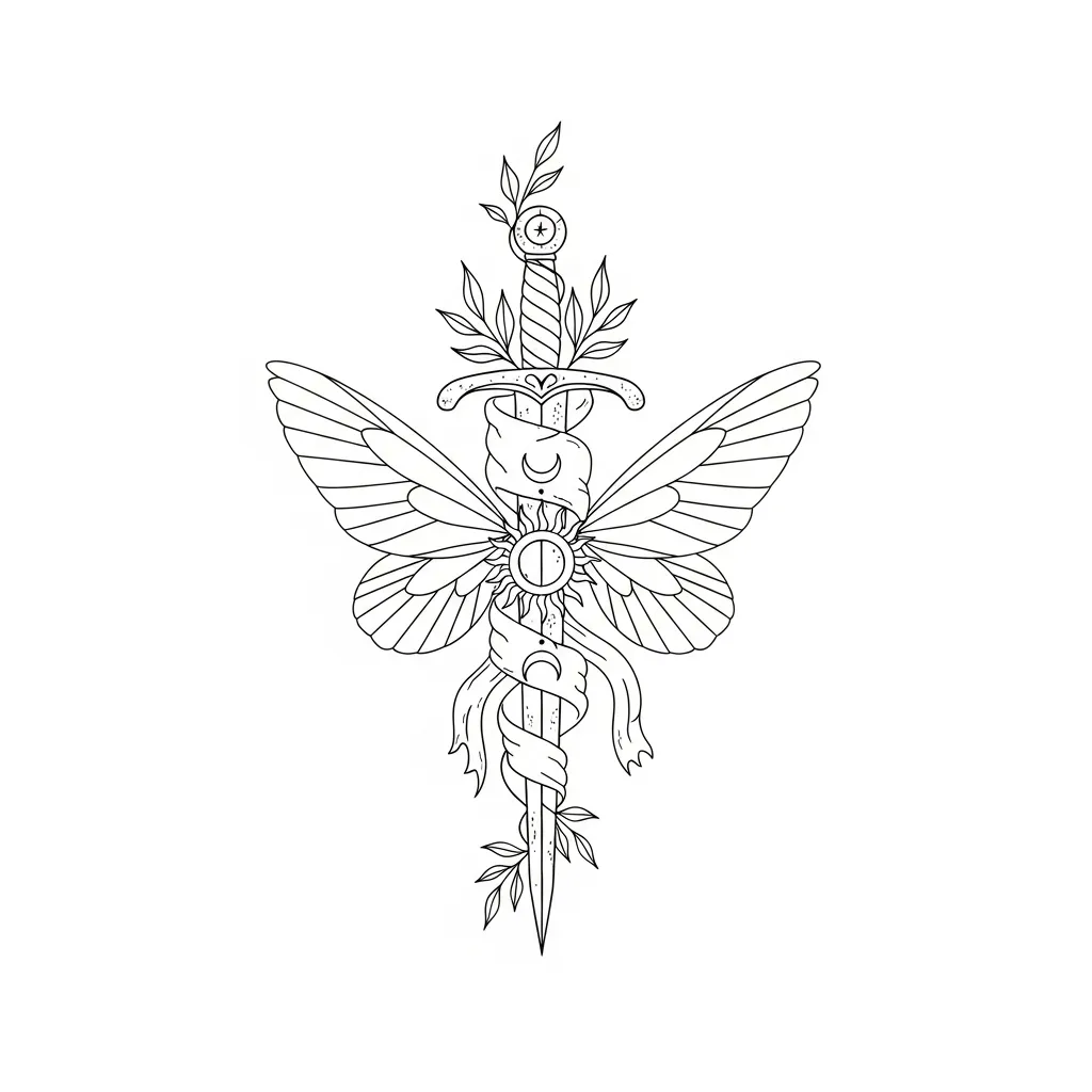 Minimalist Sword and Fairy Wings Tattoo with Sun and Moon Ornament