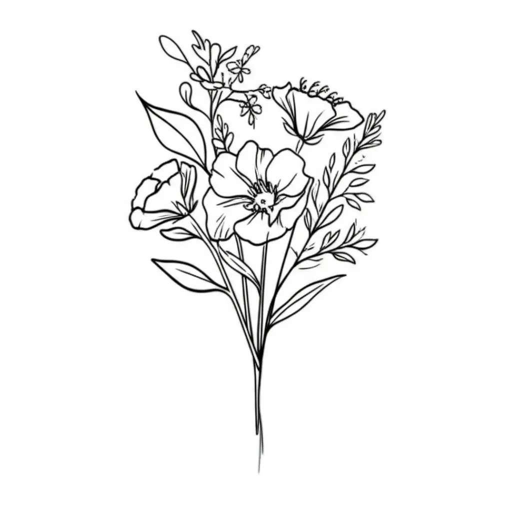 April and March Birth Flower Bouquet Fine Line Tattoo
