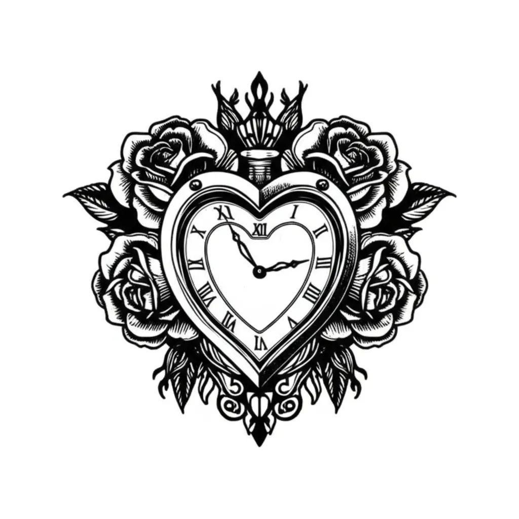 Heart Clock and Roses Blackwork Tattoo Design