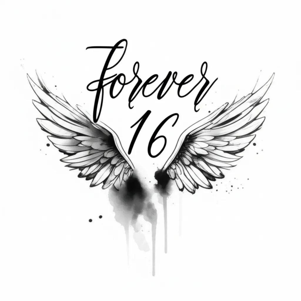 Forever 16 Wings Tattoo Design in Black and White