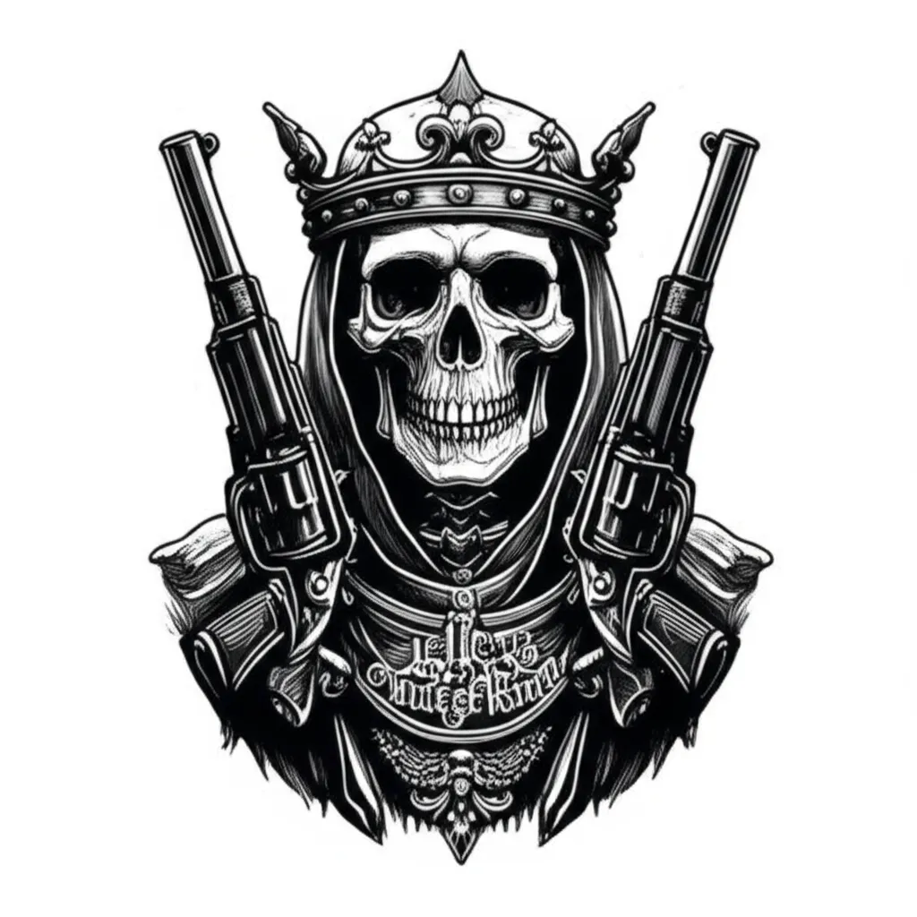 King Skeleton with Guns Gothic Tattoo Design