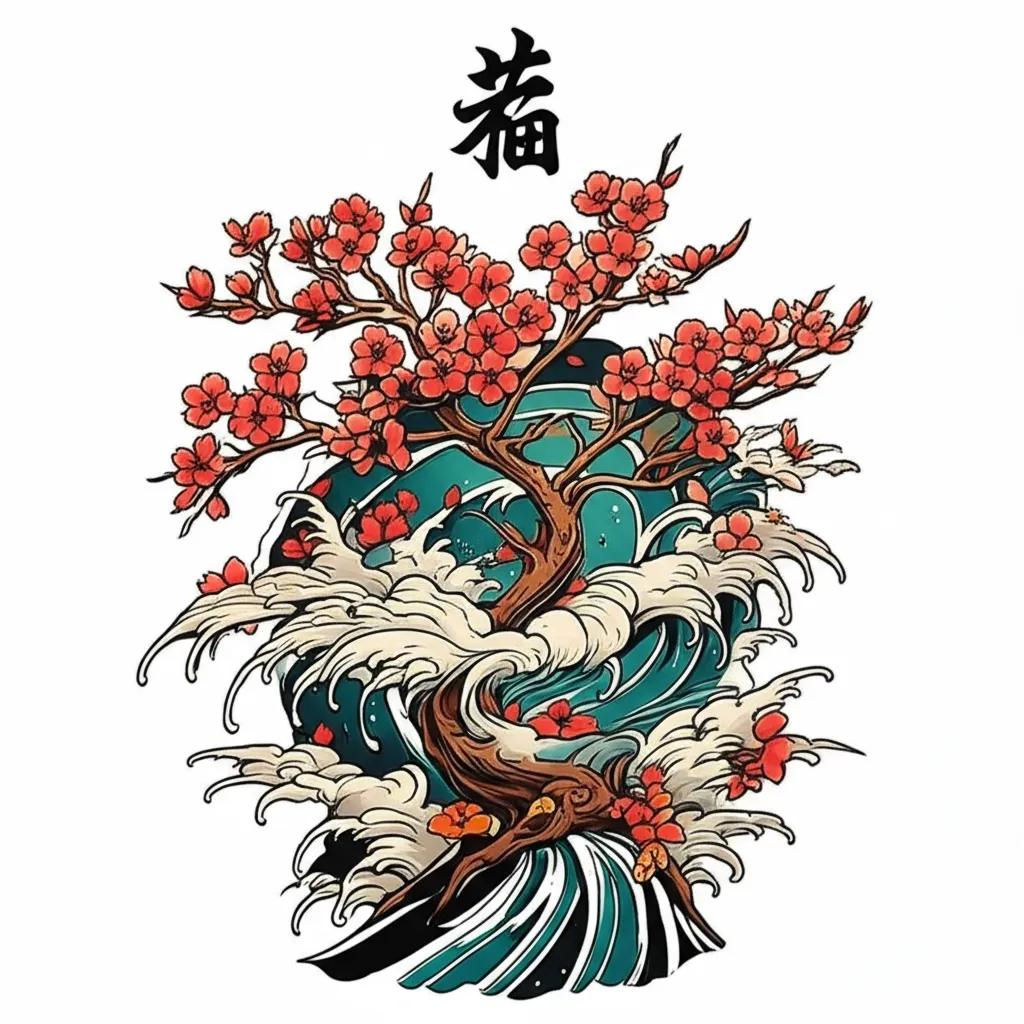 Japanese Cherry Blossom Tree Tattoo with Love Kanji Design