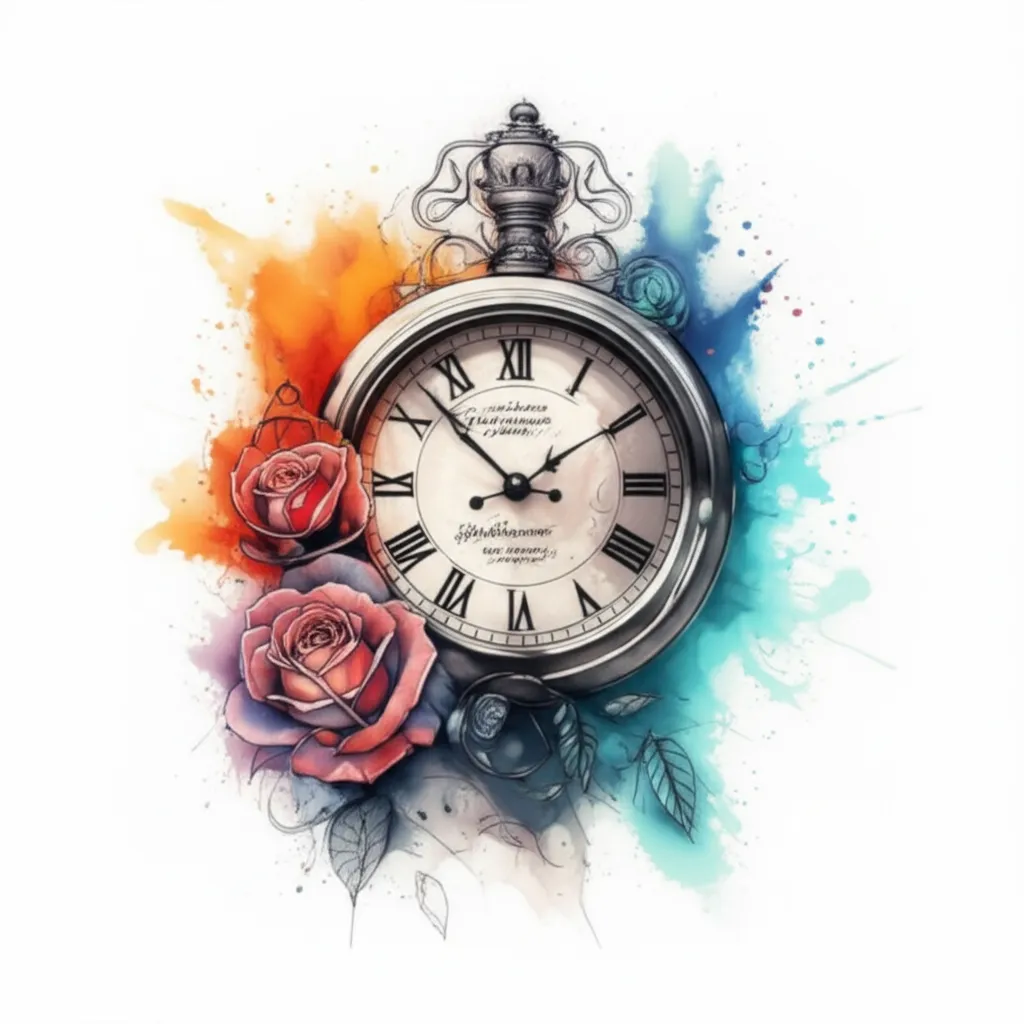 Watercolor Clock and Roses Sleeve Tattoo Design with Roman Numerals