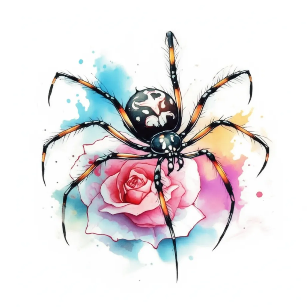 Watercolor Spider and Rose Hand Tattoo Design