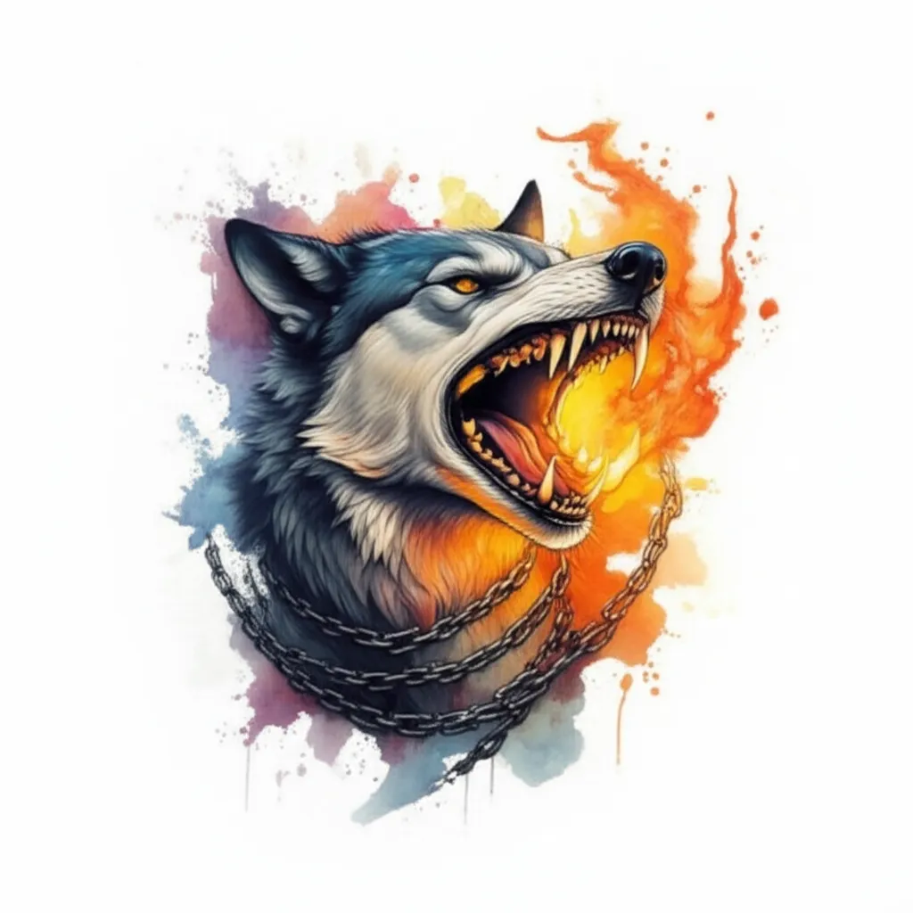 Fenrir Watercolor Tattoo: Breaking Chains with Fiery Muzzle Fenrir Watercolor Tattoo: Breaking Chains with Fiery Muzzle