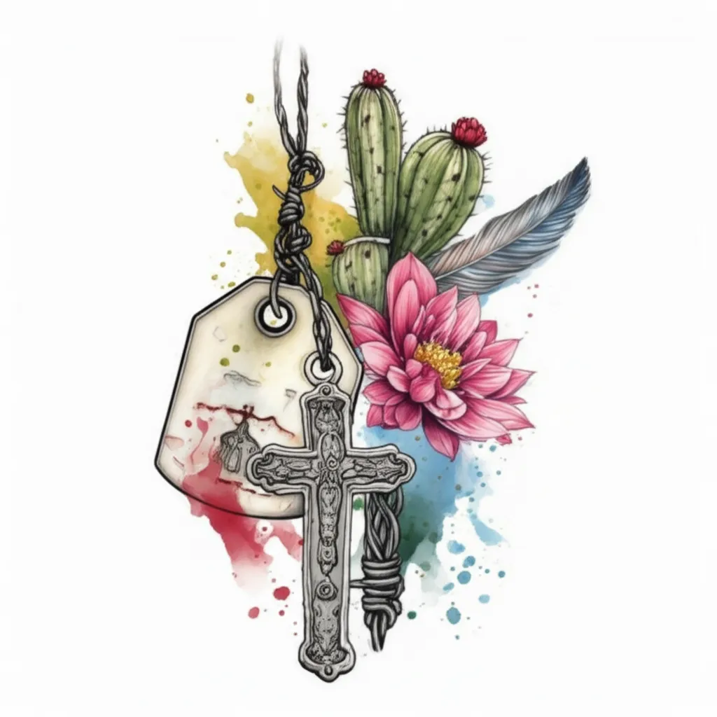 Watercolor Sleeve Tattoo with Cow Tags, Cross, and Cactus Flowers