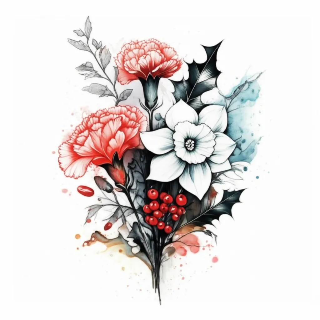 Carnation, Peonies, Holly & Narcissus Watercolor Tattoo Design Carnation, Peonies, Holly & Narcissus Watercolor Tattoo Design