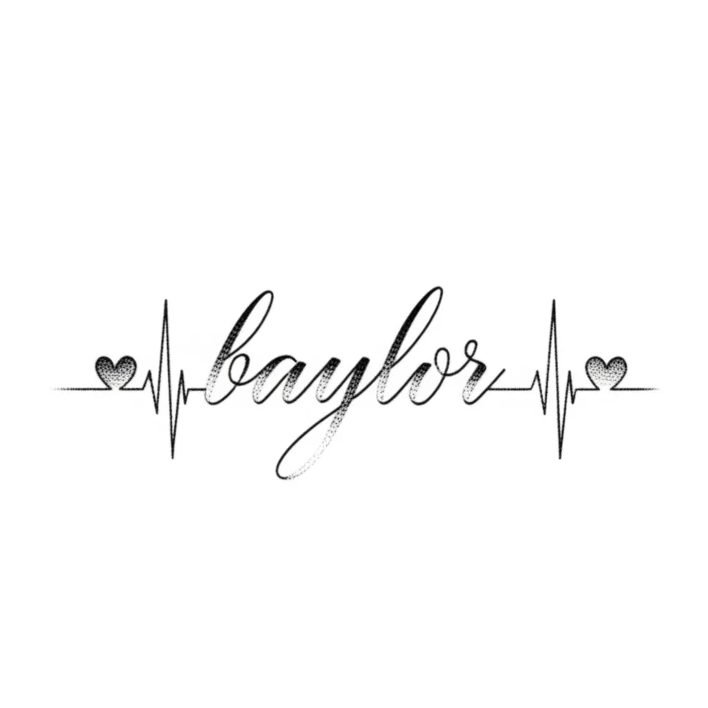 Baylor Name Tattoo with Heart Rhythm - Fine Line Design Baylor Name Tattoo with Heart Rhythm - Fine Line Design