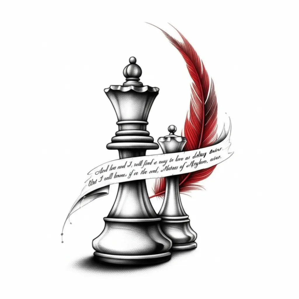 Dueling Twins Tattoo with Chess Queen and Red Feather - Fine Line Style Dueling Twins Tattoo with Chess Queen and Red Feather - Fine Line Style