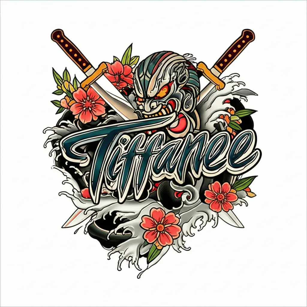 Tiffanee Name Tattoo with Japanese Knives & Mask - Meaning & Designs