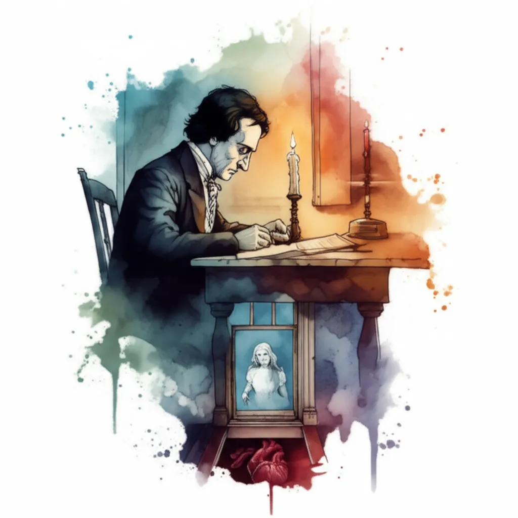 Edgar Allan Poe Watercolor Tattoo Design with Raven and Annabelle's Ghost