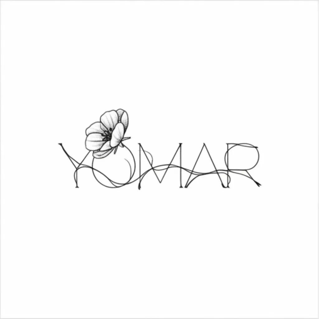 Yomar Name Tattoo with Flower Stem - Fine Line Design